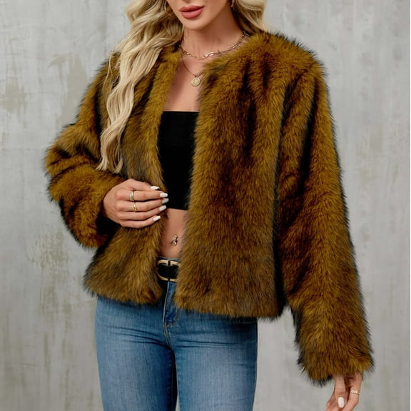 Karight Women's Fluffy Faux Fur Cropped Jackets Outwear,Shaggy Short Crop Coats Parka Tops