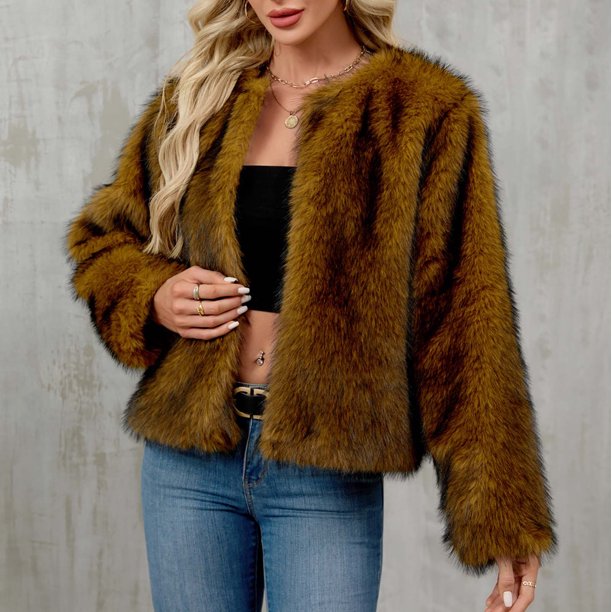 Chaqueta de abrigo cálida para mujer, de invierno, lisa, con cuello redondo