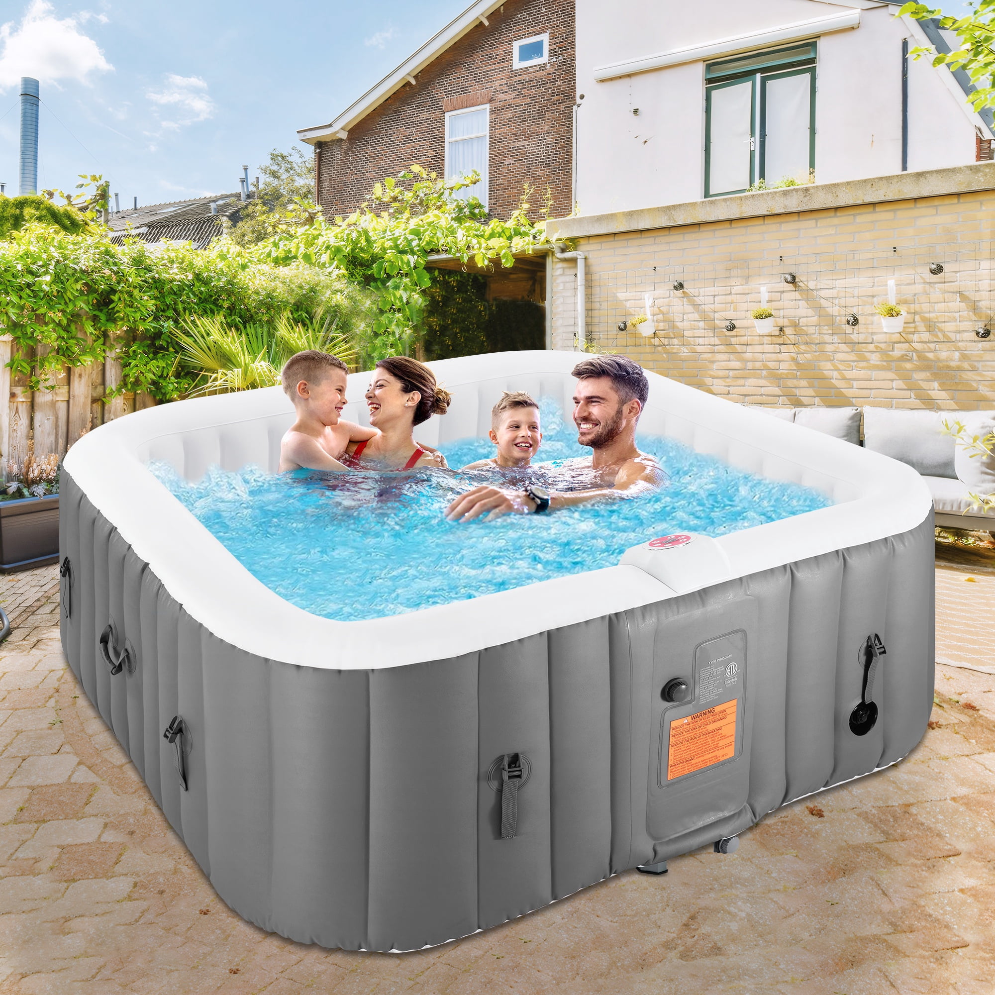 4-6 Person Inflatable Hot Tub with 130 Bubble Jets, Square Home Spa