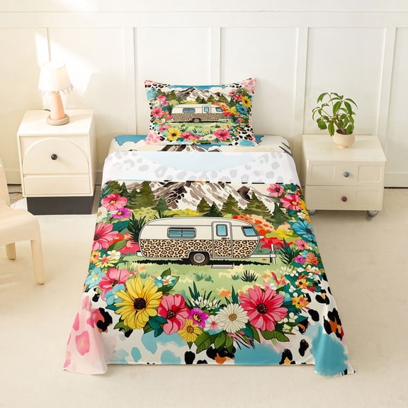 Castle Fairy Floral Camper Twin Sheet Sets 3pcs for Girls, Mountain Art Bedding for Bedroom, Pink Green Beige