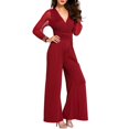 thumbnail image 1 of HBFAGFB Long Sleeve Jumpsuit for Women Trendy V Neck Mesh Patchwork Straight Leg Rompers Red Size L, 1 of 4