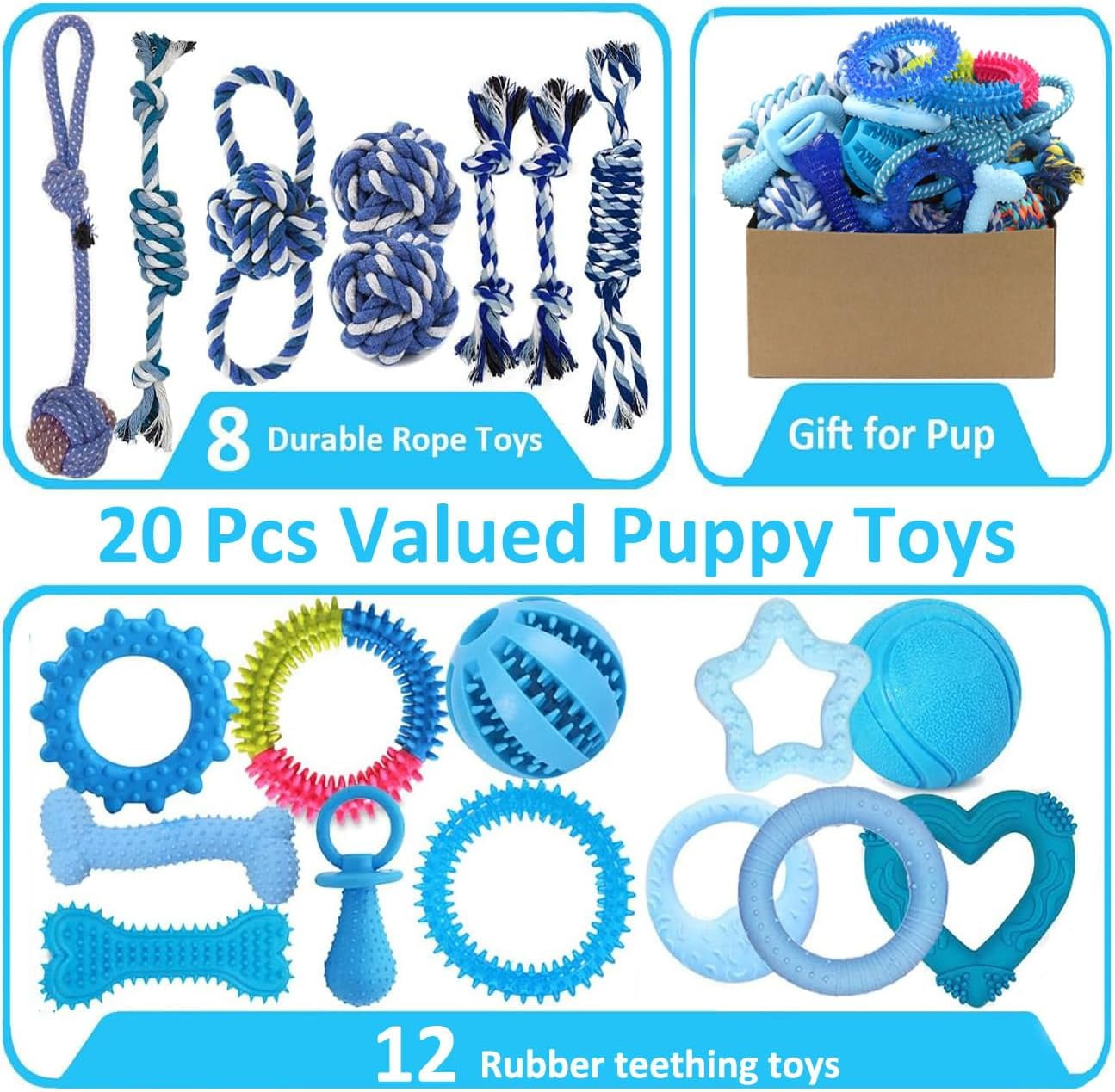 20 Pack Puppy Chew Toys - Blue Dog Teething Toys for Puppies, Puppy Teething Rings and Durable Ropes, Blue Rubber Toy Bundle for Small Dogs, Cute Interactive Dog Balls for Small Breed
