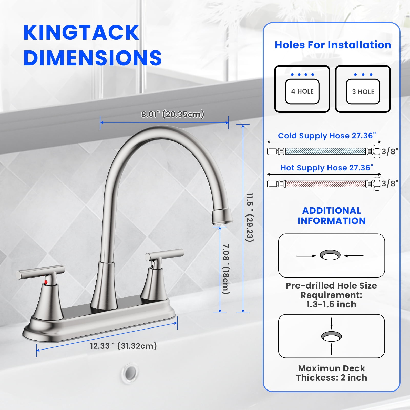 KINGTACK Two Handles Kitchen Faucet, 3 Hole or 4 Holel Faucet for Kitchen Sink, Brushed Nickel