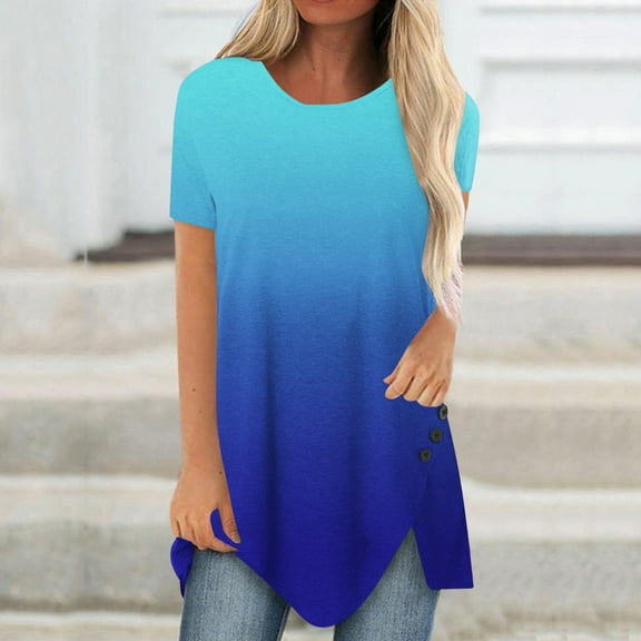 Suokom Womens Tops, Women Plus Size Button Printed Round Neck Short Sleeve Irregular T-shirt Blouse Tops, Summer Fall Womens Basic Tunic Tops Blouses Tees
