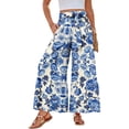thumbnail image 2 of Womens Beach Wide Leg Pants Elastic High Waist Ties Ruffle Hem Flowy Palazzo Pants with Pockets Blue 2XL, 2 of 5