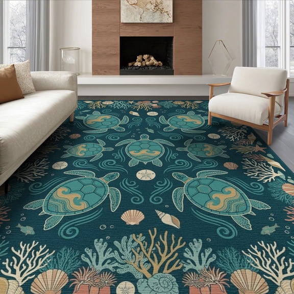 ODIKA 8'x10' Washable Area Rug Nautical Marine Coral Reef Border Round Jellyfish Door Turtle Ocean Playful for King Size Bedroom Under Bed, Master Suite, Non-Shedding, Easy Care