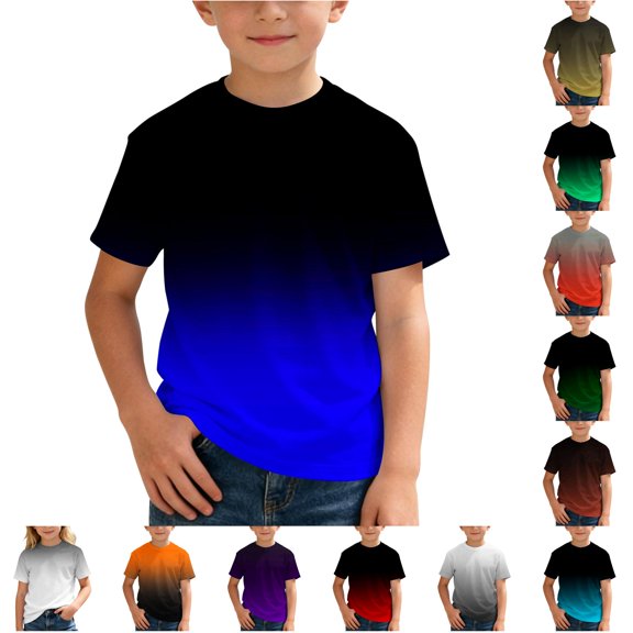Ulitacool T Shirts For Boys Short Sleeve Gradual Gradient Tops O Neck Tee Athletic Sportswear For School Outdoor Play And Weekend Basic Child Clothing 2-3 Years Blue