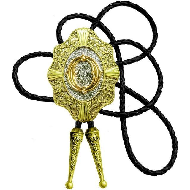 GHSDFBB Golden Initial A to Z in Flower Nursery Cowboy Bolo Tie with Cowhide Rope
