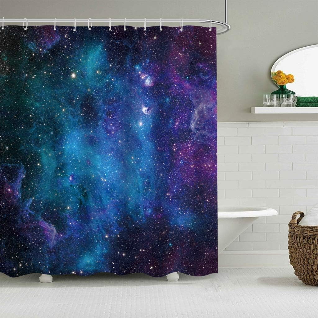 Extra Long Galaxy Outer Space Shower Curtain 72Wx84H Inch Universe Planets Magical Fantasy Starry Nebula in Blue Sky Ocean Decor Fabric Bathroom 12 Pack Plastic Hooks WW-CLLE