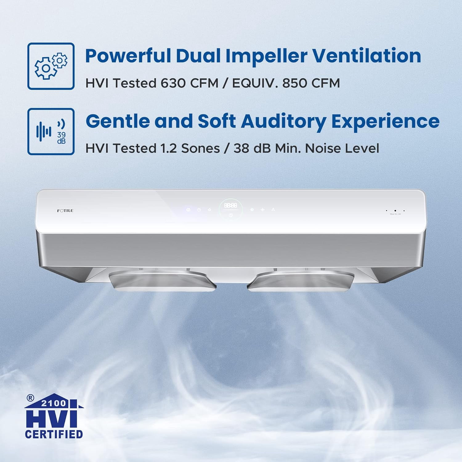 FOTILE Pixie Air UQG Stainless Steel Under Cabinet Range Hood, 850 CFMs Kitchen Over Stove Exhaust Vent with LED Lights Dual AC Motors, Motion Control and Touchscreen