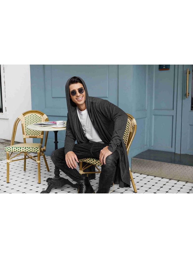 COOFANDY Long Hooded Cardigan Ruffle Shawl Collar Open Front
