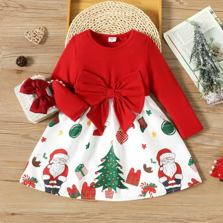 

PatPat Toddler Girls Christmas Dress Red Bowknot Holiday Outfit Skirt Long Sleeve Cartoon Santa Claus Xmas Gifts Casual Splicing Midi Dress Winter Clothes 1-6T