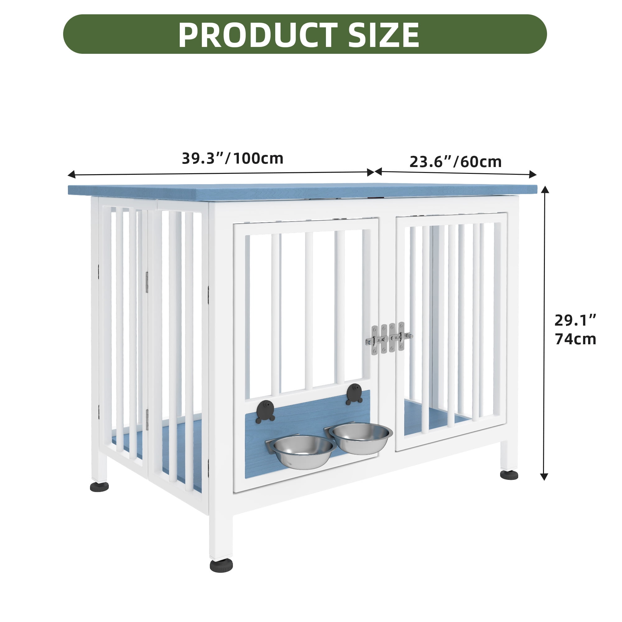 Uforic 39.3" Foldable Wooden Indoor Dog Cage Table with 360° Rotatable Bowls& Adjustable Feet, White&Blue