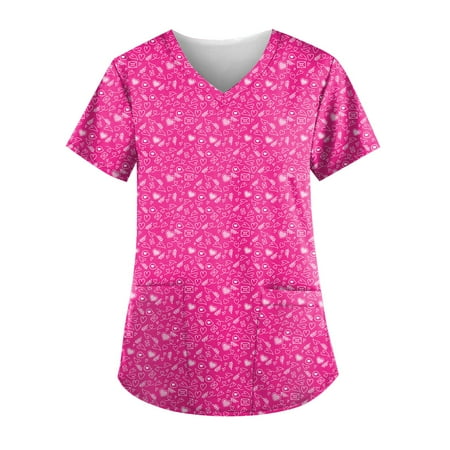 

QWERTYU Working Scrubs Top for Women V Neck Short Sleeve Uniform Casual Holiday Nursing Scrubs Pockets Professionals T Shirt Hot Pink 5XL