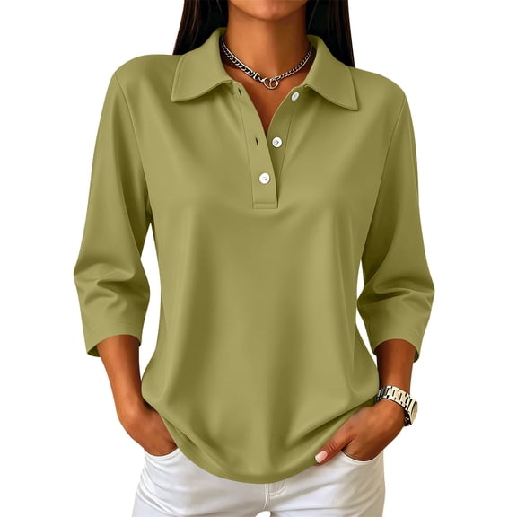 Resicozy Polo Shirts for Women 3/4 Length Sleeve Tops Golf Tees Button Collared Cotton Shirt Business Casual Army Green L