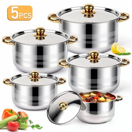 Home Sauce Pot, TAIMASI 5 PCS Stainless Steel Stock Pot with Lid for Pasta, Soup, Non Stick Stainless Steel Cookware Set Cooking Pot for All Cooktops