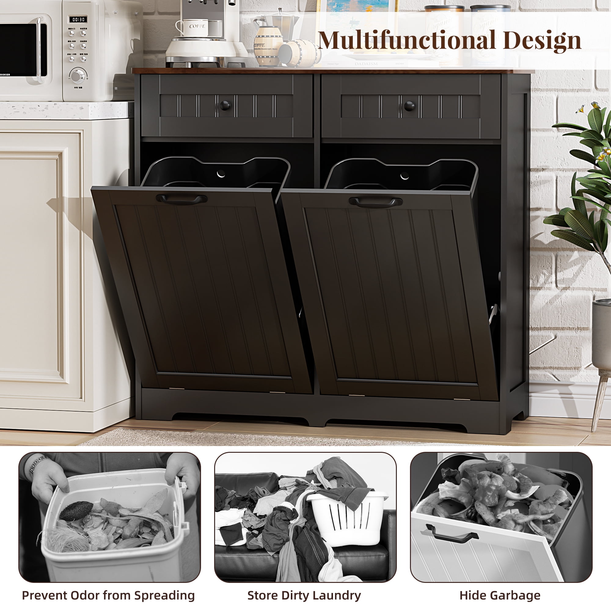 HARIPUL Double Tilt Out Trash Can Cabinet for 2 Bins, Hidden Garbage Can Cabinet with Drawers, Wooden Trash Bin Cabinet, 10 Gallon Trash Can Holder Cabinet for Kitchen, White
