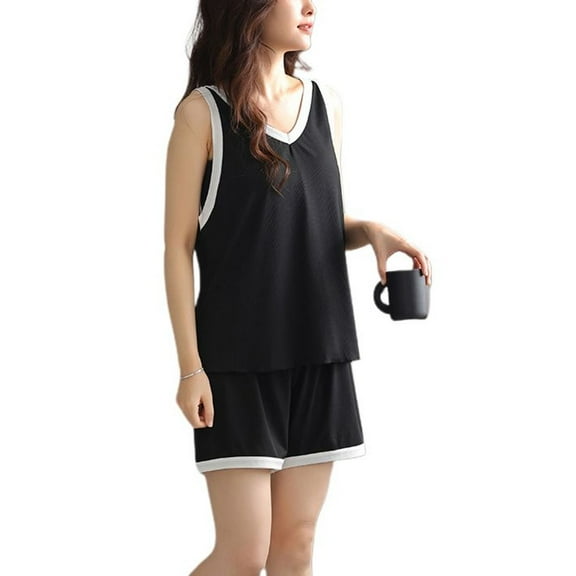 Women's 2 Piece Pajamas Comfy Sleeveless Cool Lightweight Pj Set Pajama Set Summer V Neck Cami Shorts Set Soft Spring Loose Black X-Large