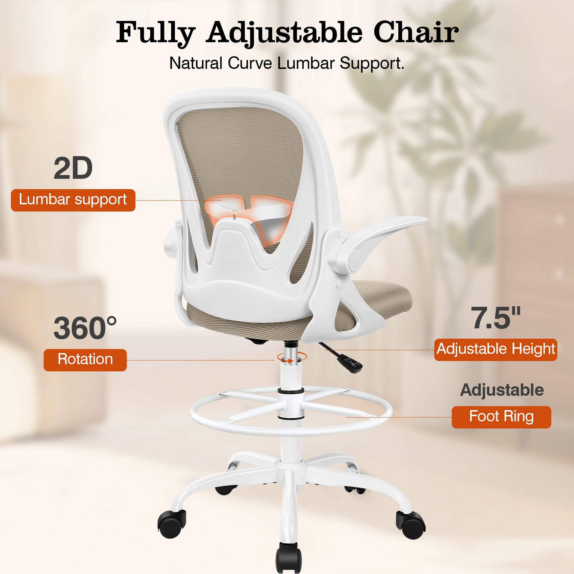 COOLHUT Tall Office Chair 400lbs with Footrest Ring, Standing Desk Chair with Flip-up Armrests, Adjustable Swivel Rolling Mesh Standing Desk Stool with Lumbar Support for Adults, Khaki