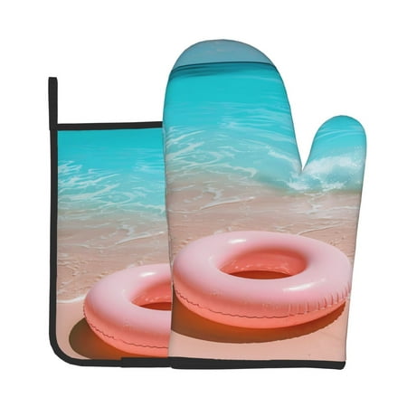 

Tebeau Pink Float Ring On Beach Print Oven Mitts and Pan Racks 2-Piece Set Kitchen Oven Mitts and Pan Racks Heat Resistant 500 °F for Baking and Cooking