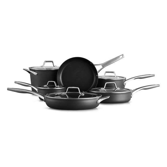 Calphalon Juego de ollas y sartenes de 11 piezas, utensilios de cocina antiadherentes con asas que se mantienen frescas, apto para lavavajillas y utensilios de metal, negro