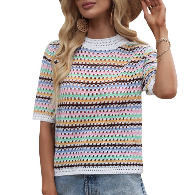 Women Hollow out Knitted Sweater Striped Contrast Color Half Sleeve