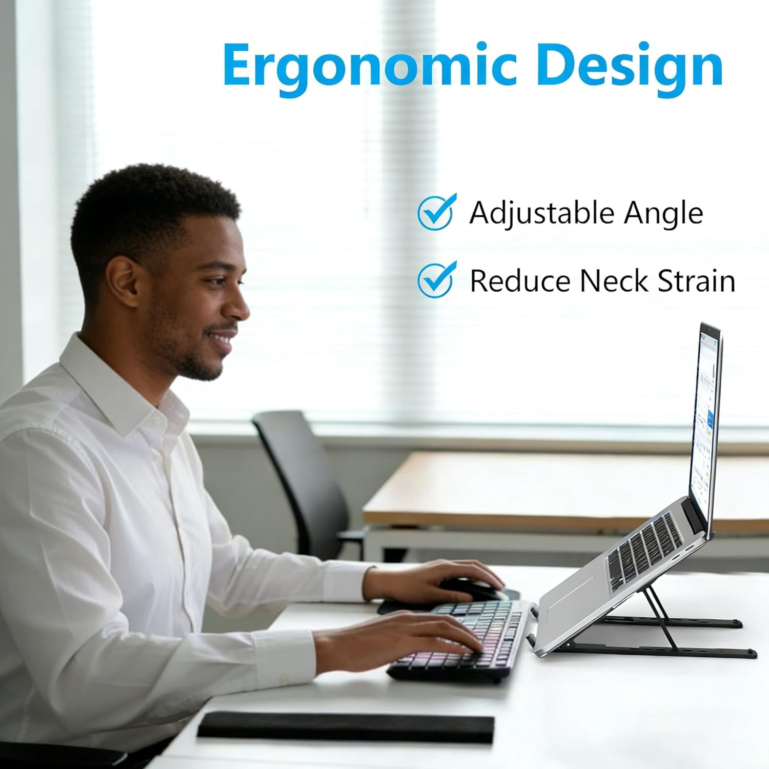 Ergonomic 7-Levels Angles Adjustable Computer Stand, Portable Laptop Stand for Desk, Aluminum + Silicone Foldable Ventilated Cooling Notebook Holder Stand for 10-17.3” Laptops, Tablets（Black）