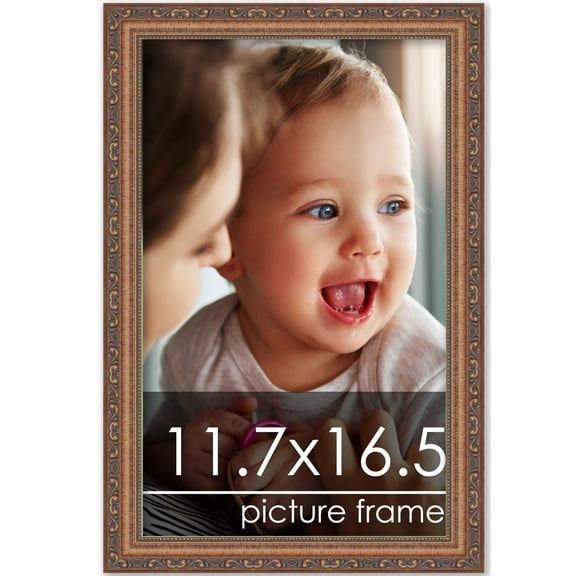 11.7x16.5 Antique Gold Bronze Wood Picture Frame - UV Acrylic, Foam Board Backing, Hanging Hardware