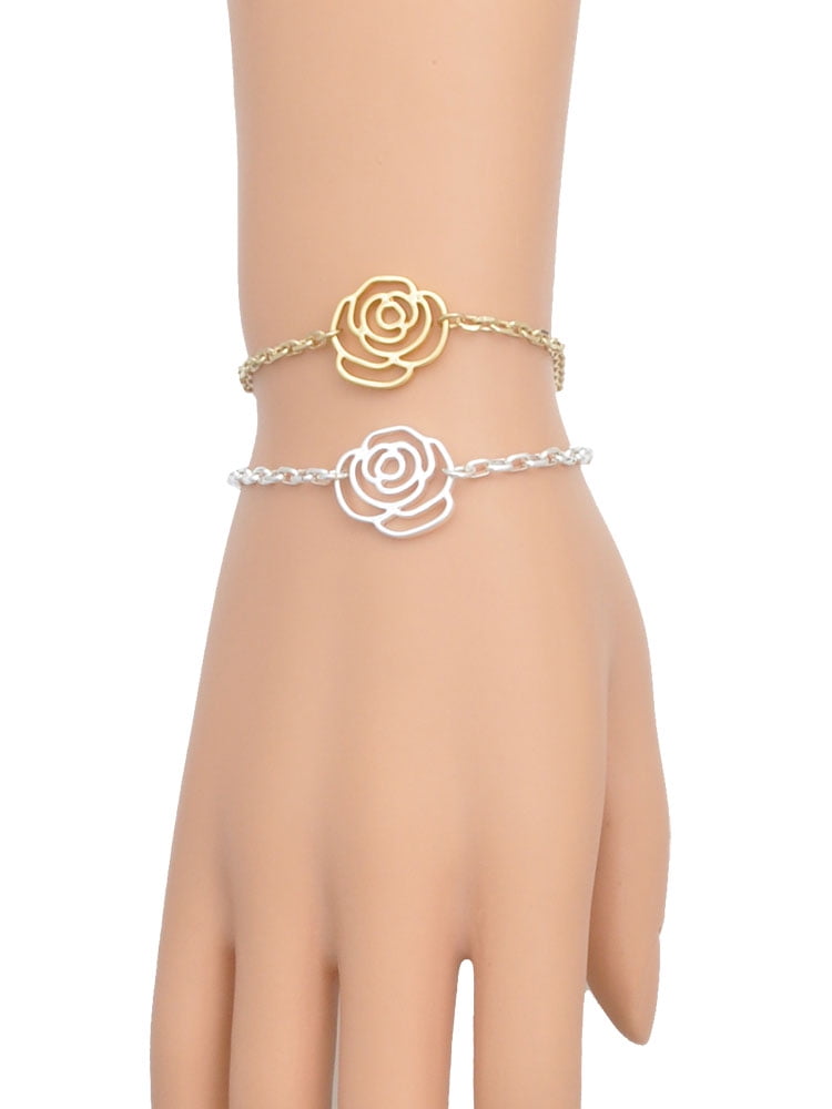 Delight Jewelry Acrylic Large Hologram Heart Silver-tone Flower Link Chain Bracelet, 6.75"+2" Extender