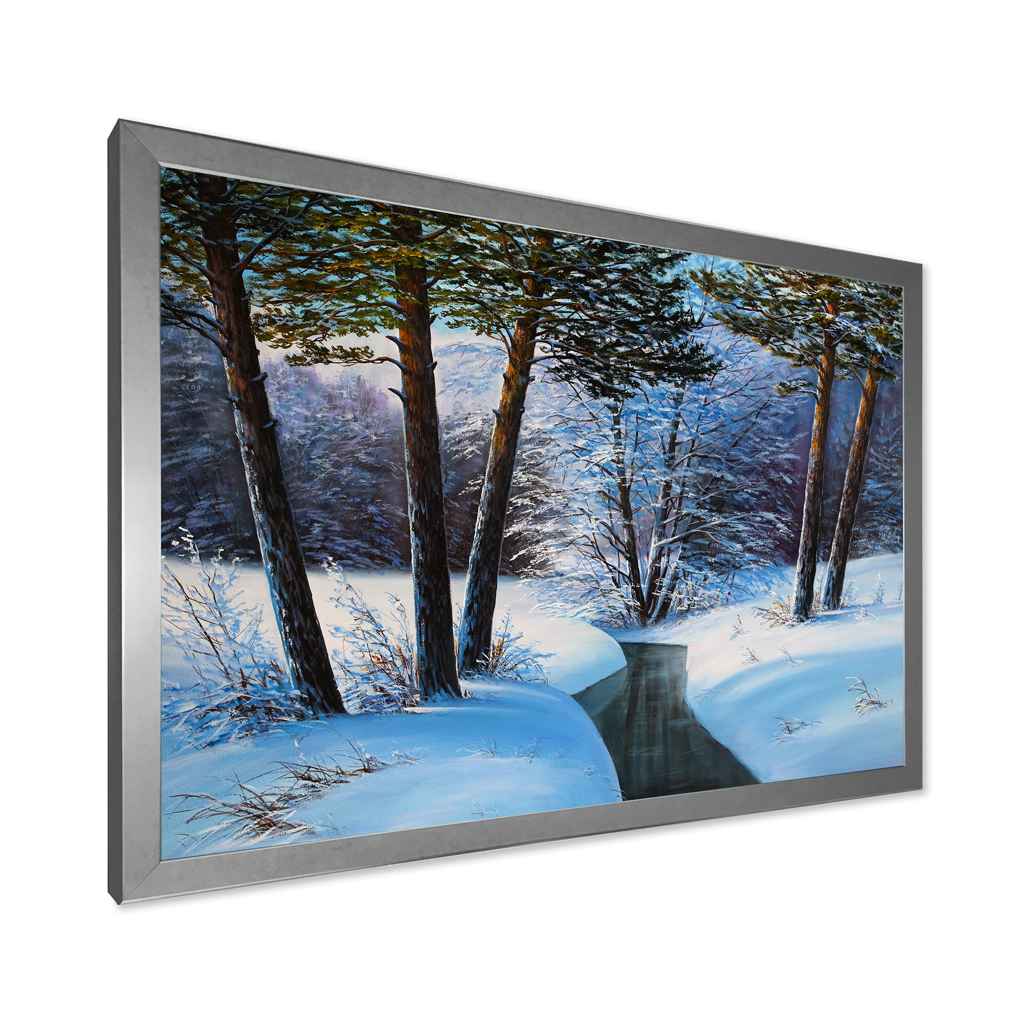 Designart 'Christmas Forest With Trees and River III' Traditional Framed Art Print
