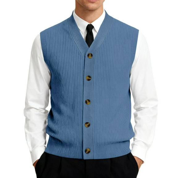 Men's V-Neck Sleeveless Knit Cardigan Vest with Button Closure and Checkered Pattern Dark Blue 4XL