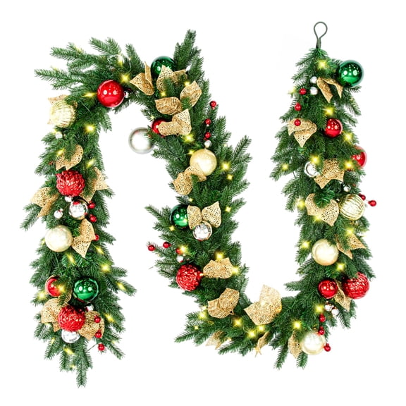 ROMSWI Artificial Pre-Lit Christmas Garland 9Ft Xmas Holiday Decor with 80 White LED Lights Timer Battery Operated for Indoor Outdoor Decoration
