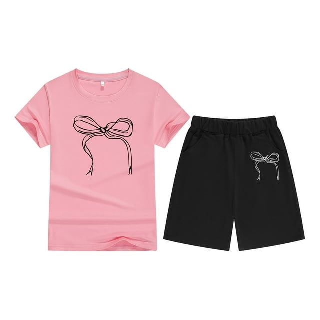 FAOWME T-shirt Enfant Manches Courtes Imprimé Nœud Couleur Bonbon Confortable T-shirt Col Rond Rose 3-4 Ans