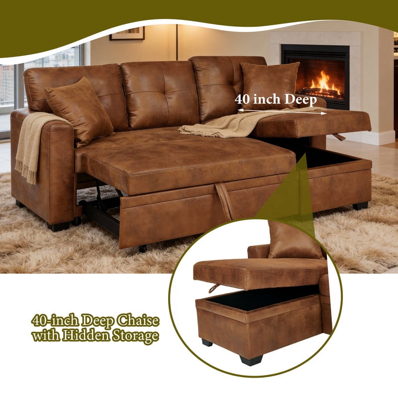 Sleeper Sofa Sectional with Pull-Out Bed – Reversible Chaise + Hidden Storage, Breathable Fabric, L-Shaped Couch for Small Spaces, Convertible Sofa Bed for Living Room