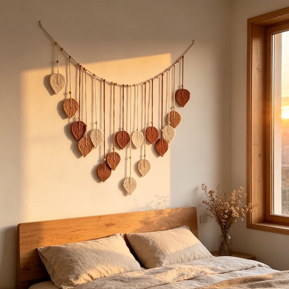 Macrame Wall Hanging, Boho Handmade Leaves Design, 47.3"W x 29.5"L, for Living Room Bedroom, Brown