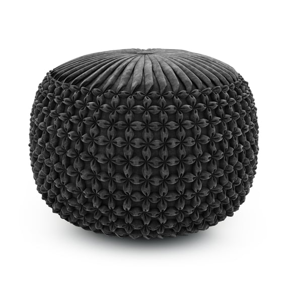 Simpli Home Renee Boho Round Pouf in Slate Gray Velvet Fabric