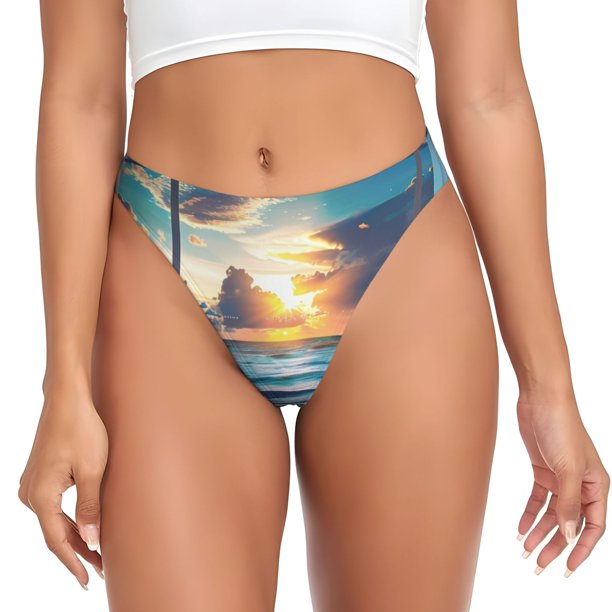 Balery Ocean View Bedroom Tangas de Algodón para Mujer con Estampado – Ropa Interior Sexy, Transpirable, G-string-Large