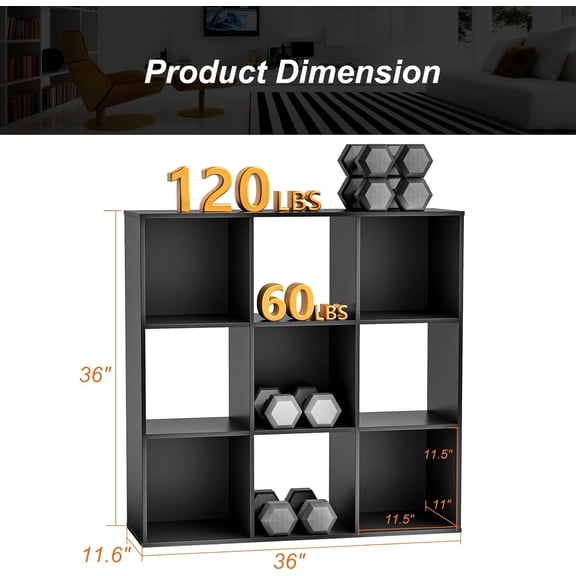9 Cube Storage Organizer - Open Cube Bookshelf with Removable Back Panels, Display Shelf for Living Room Bedroom Office, 36x11.6x36 Inch, Black