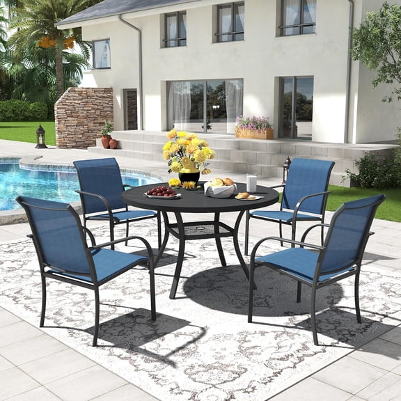 DIFY 5PCS Patio Dining Set,41" Round Metal Table with Umbrella Hole,4 Stackable Chairs,Black&Blue