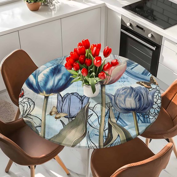 Blue Pink Tulip Elastic Fitted Round Tablecloth Retro Floral Waterproof Outdoor Table Cover for Holiday Party, Picnic, Patio & Dining Fits Tables Up to 36"-44"