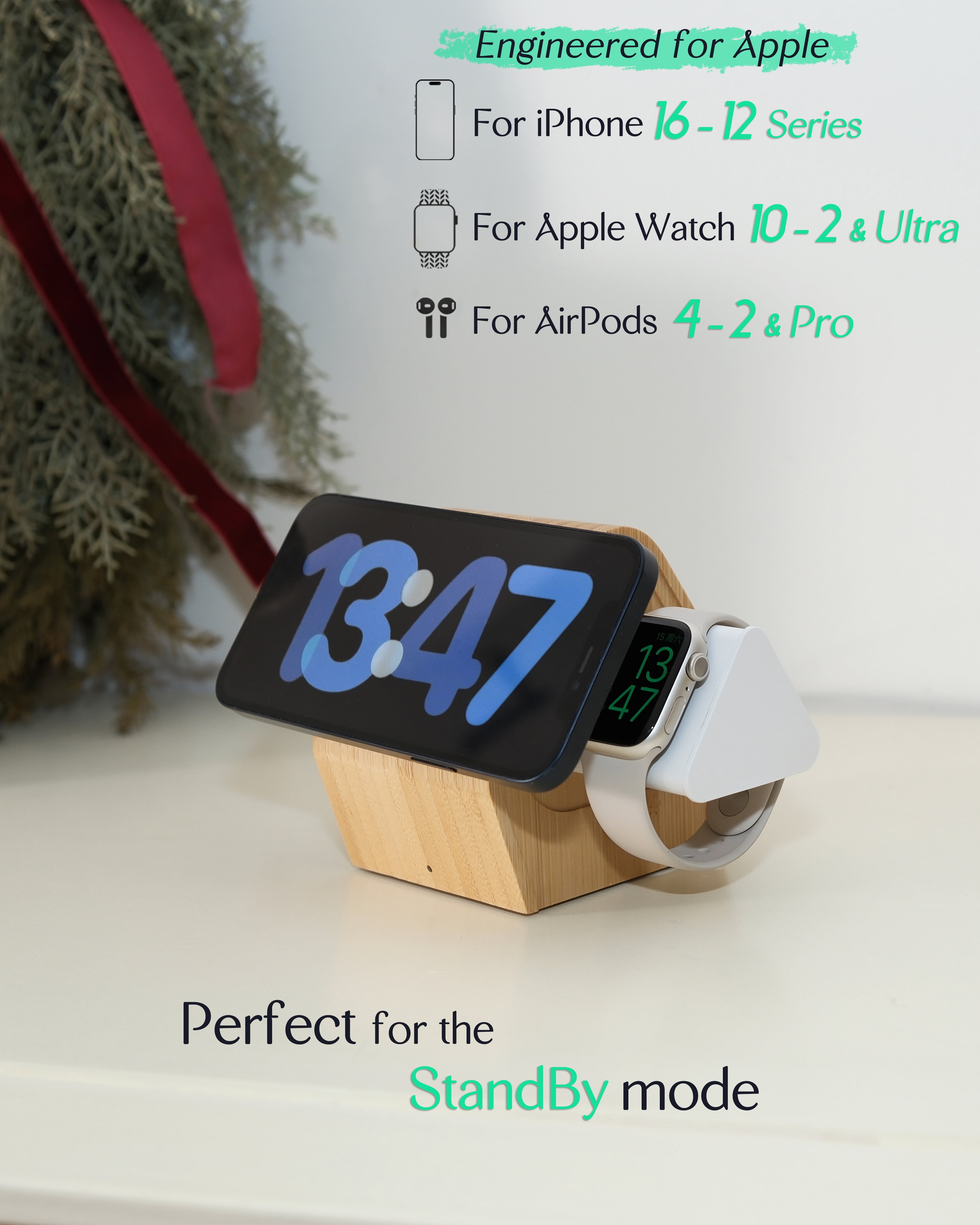 Bamboo Wireless Charging Station for Apple: 3-in-1 Charger Stand with Cabin Style for iPhone 17 16 15 14 13 Series, Apple Watch 10-2, Ultra, and AirPods 4-2, Pro, MagSafe Wireless Charger 20W Adapter