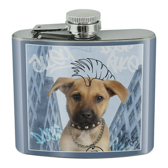Tough Puppy Dog Mohawk Grafitti Stainless Steel 5oz Hip Drink Kidney Flask