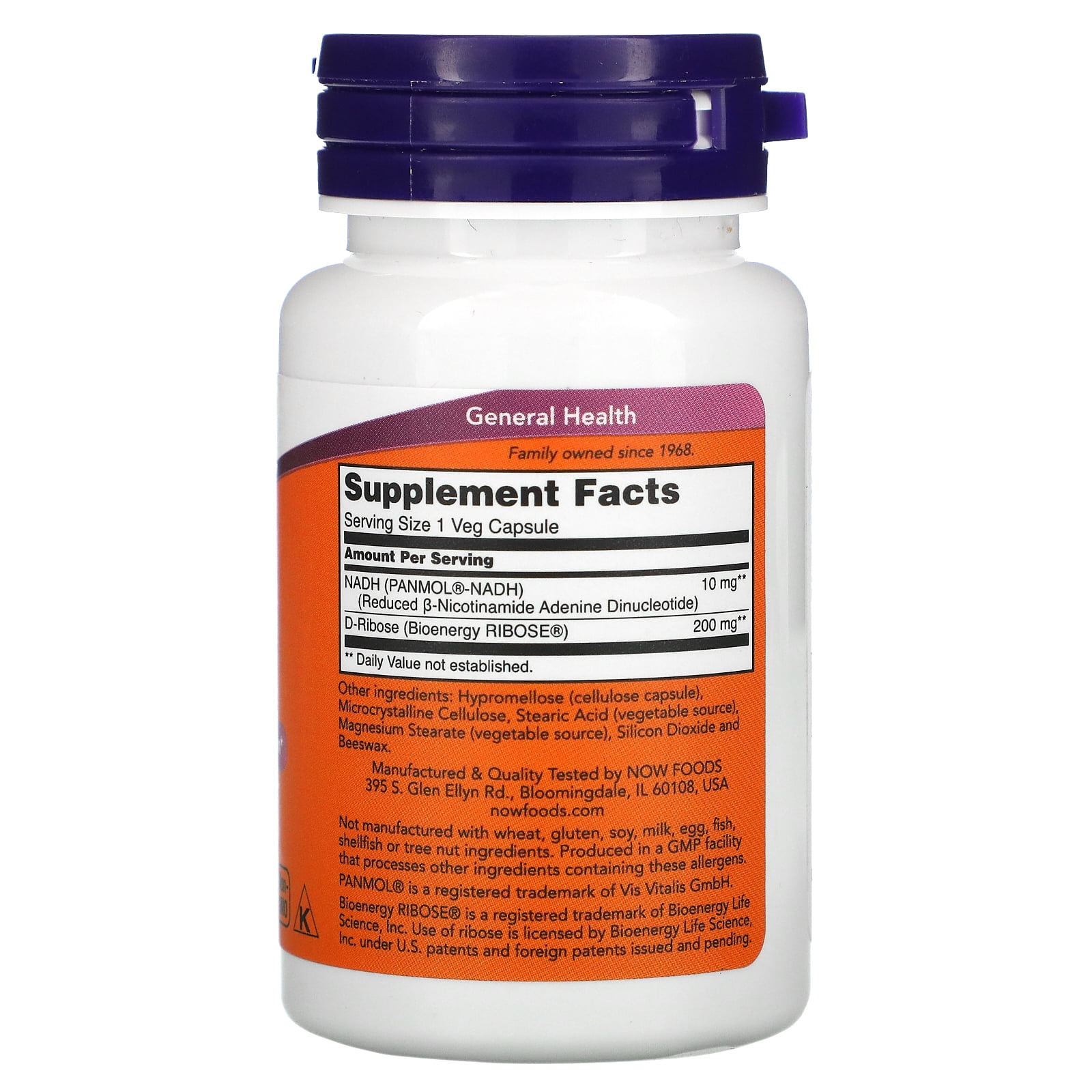 NOW Supplements, NADH (Reduced Nicotinamide Adenine Dinucleotide) 10 mg with 200 mg D-Ribose, 60 Veg Capsules