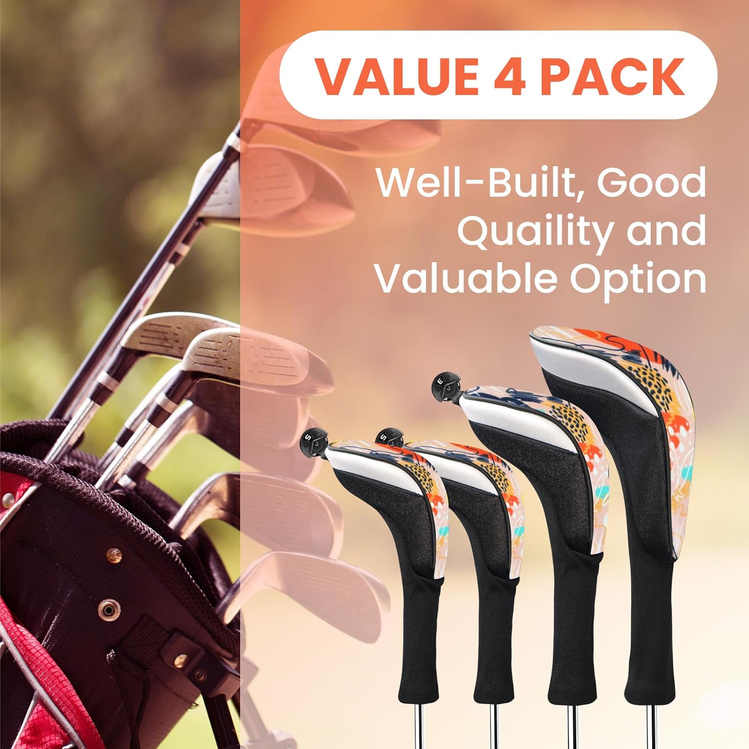 Golf Club Head Covers Woods Driver Fairway Hybrid 3/4/5 Set, Headcovers Men 1 3 5 7 X Interchangeable Number Tag, Fit All Wood Clubs