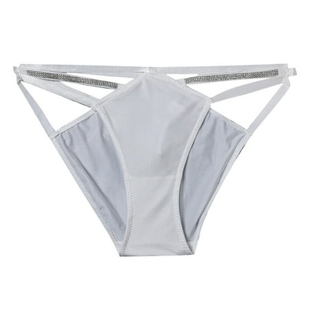 BYHONG Sexy Pure Ice Silk Hollow Rhinestone Thin Strap Low Waist Lifting Seamless Briefs Panties for Women White M