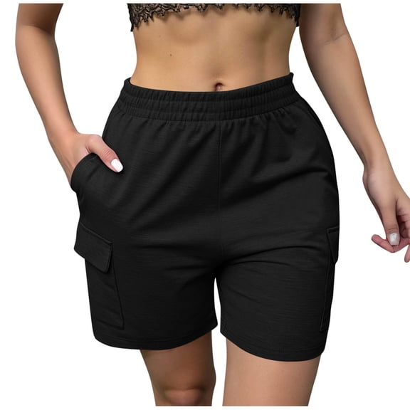 hlysgo Women's Bermuda Cargo Shorts Elastic Waist Wide Leg Soft Short Summer Beach Vacation Short with Pockets Black,S