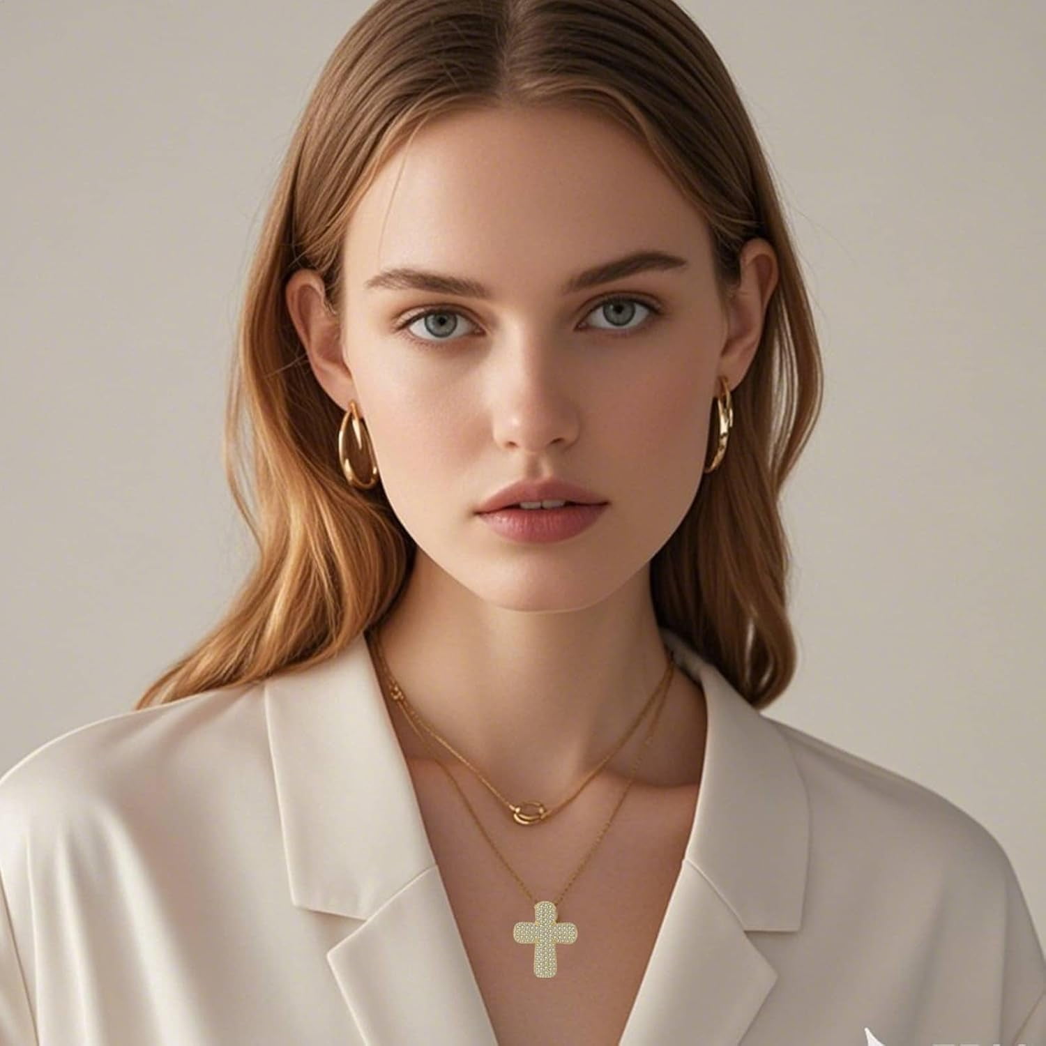 Chunky Bubble Top Cross Necklace suitable for Women,14K Gold Plated Large Cross Pendent Necklaces complete with Cubic Zirconia Faith Necklace Religions Gift for Baptism,Confimation,Everyday[a325]