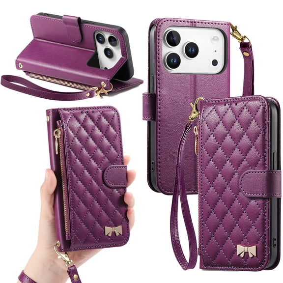 COAROVER Zipper Wallet Case Compatible with Apple iPhone 18 Pro 6.3",Quilted PU Leather Folio Card Slots Stand Phone Cover with Wrist Strap,Purple