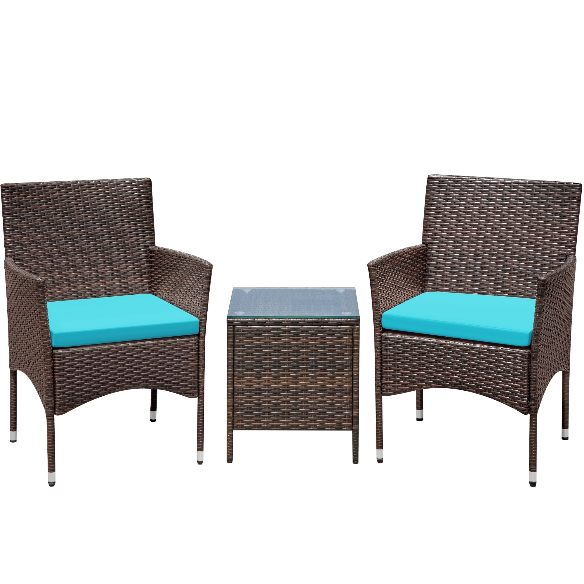 Lacoo 3 Pieces Outdoor Patio Furniture Gray PE Rattan Wicker Table and Chairs Sets Bar Set with Cushioned Tempered Glass , Brown / Blue