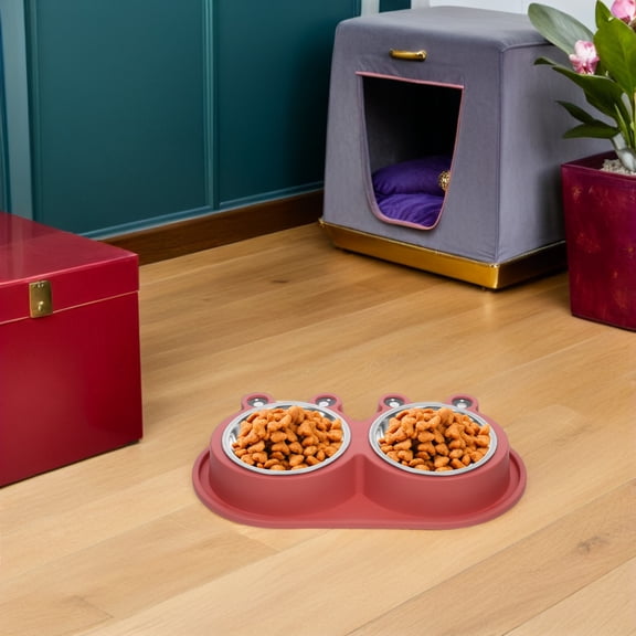 LOLIPPYY Double Pet Bowl with Non- Base, Red Plastic Exterior and Stainless Steel Interior for Food and Water